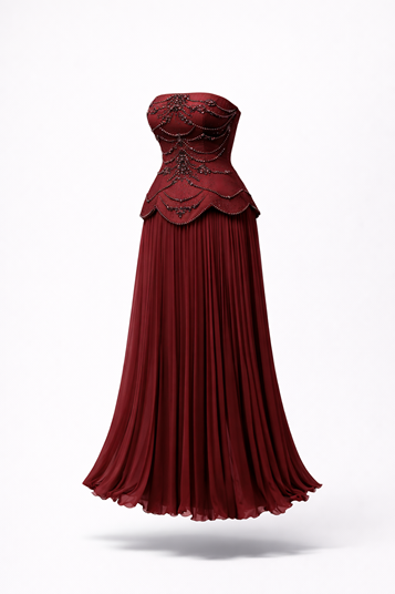 Vestido de noche plisado sin tirantes burdeos con detalles de perlas